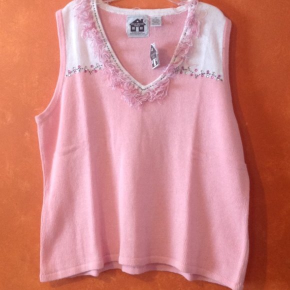 Storybook Knits Sweaters - Storybook Knits Fringe Pink White Sweater Vest 2X Storybook Knits Sweaters - Storybook Knits Fringe Pink White Sweater Vest 2X